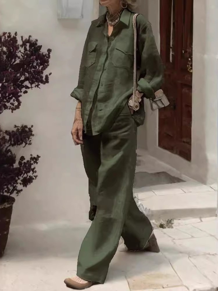 Home Decor Zara - แฟชั่นผ้าฝ้ายลินินเสื้อ 2 ชิ้นชุดผู้หญิงฤดูใบไม้ร่วงเสื้อแขนยาวกระเป๋าด้านบนกางเกงชุดหญิงชุดลําลอง