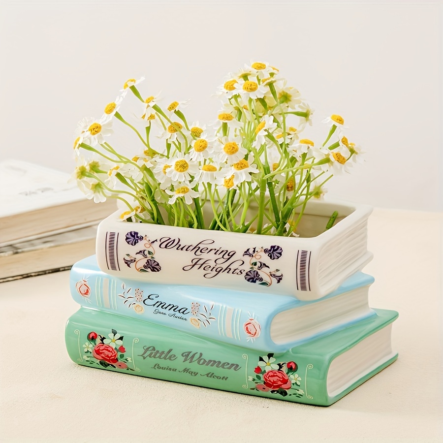 Home Decor Dopamine - แจกันเซรามิครูปหนังสือสามชั้น 1 ชิ้น แจกันรูปหนังสือสไตล์เรโทร ของตกแต่งบ้าน กระถางดอกไม้เซรามิก