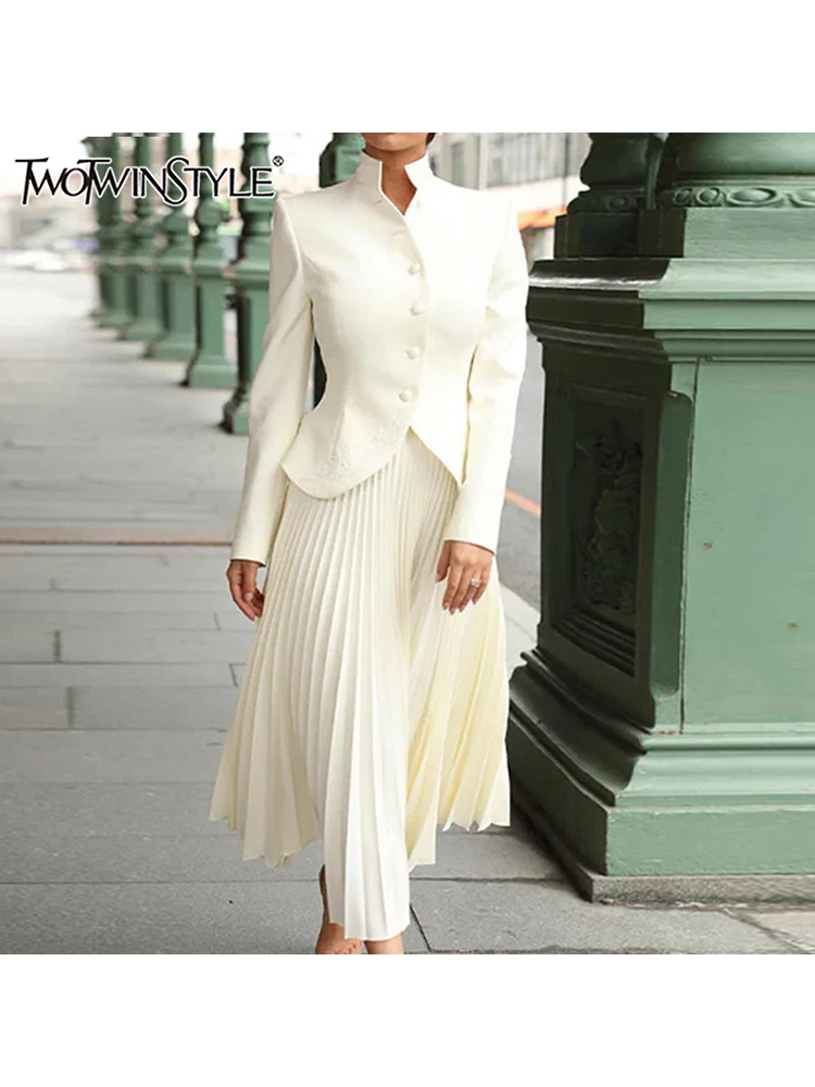 Home Decor Zara - TWOTWINSTYLE Solid 2 ชิ้นชุดผู้หญิงคอยาวแขนยาว Spliced ปุ่มเสื้อกระโปรงเอวสูงชุดเก๋หญิงแฟชั่น