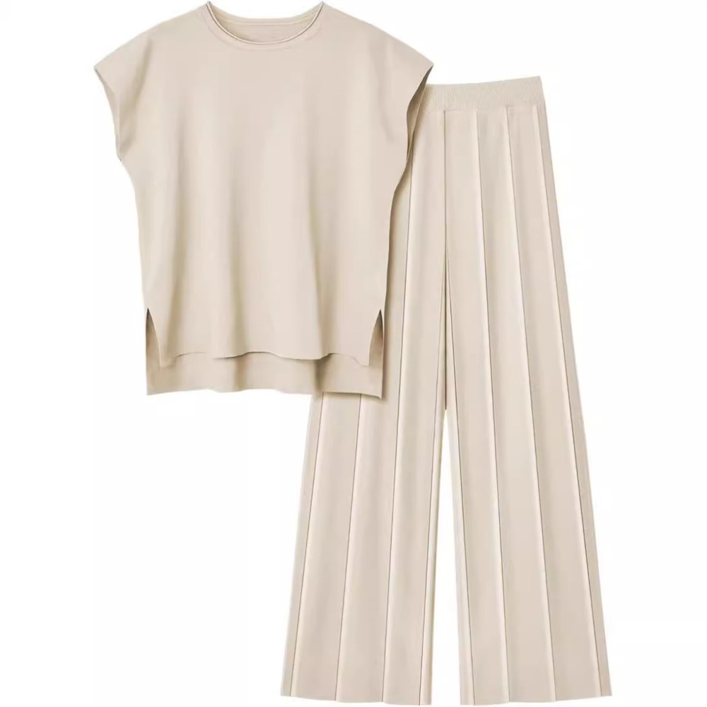 Home Decor Zara - สไตล์ผู้หญิงเสื้อกล้ามแขนกุดถักเสื้อกั๊กกางเกงขากว้างชุดผ้าไหมน้ําแข็ง, ฤดูร้อนใหม่สีทึบชุดลําลอง
