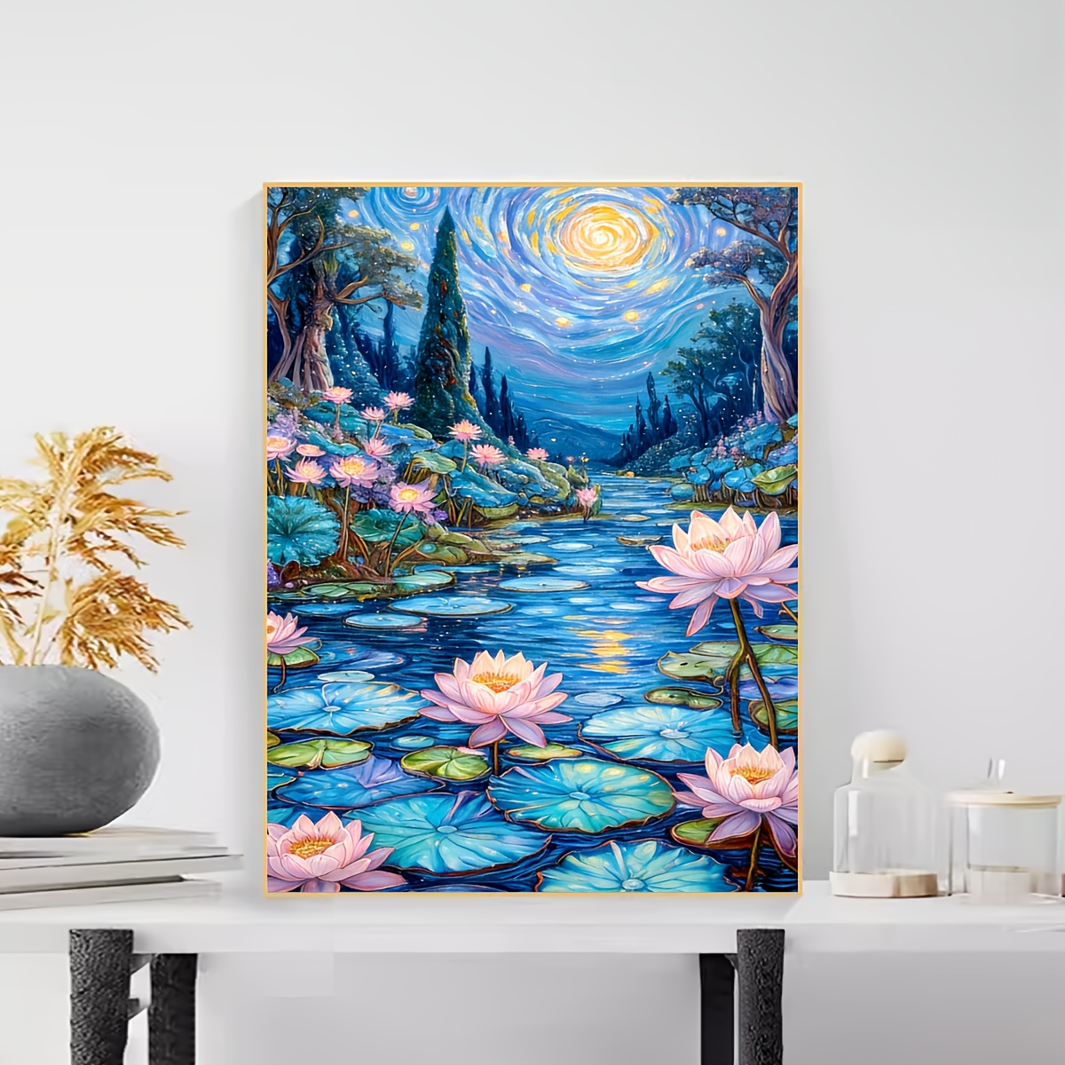 Home Decor Under 500 - 500/1000/1200/2000PCS ปริศนาสำหรับผู้ใหญ่รูปแบบดอกบัวภายใต้ท้องฟ้าเต็มไปด้วยดวงดาว,จิ๊กซอว์ปริศนาเกมท้าทายสมองของขวัญตกแต่งบ้าน