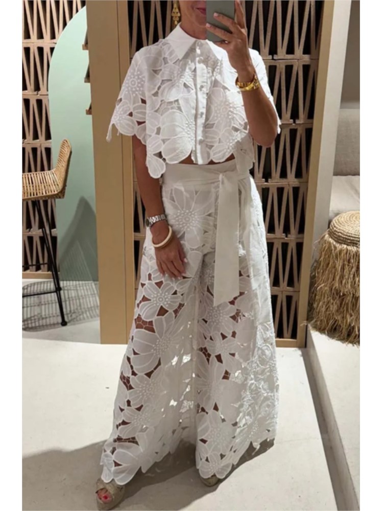 Home Decor Zara - เซ็กซี่Lapel Single-breastedเสื้อด้านบน + กางเกงขากว้าง 2 ชิ้นชุดผู้หญิงแฟชั่นสีทึบสบายๆชุดหญิง
