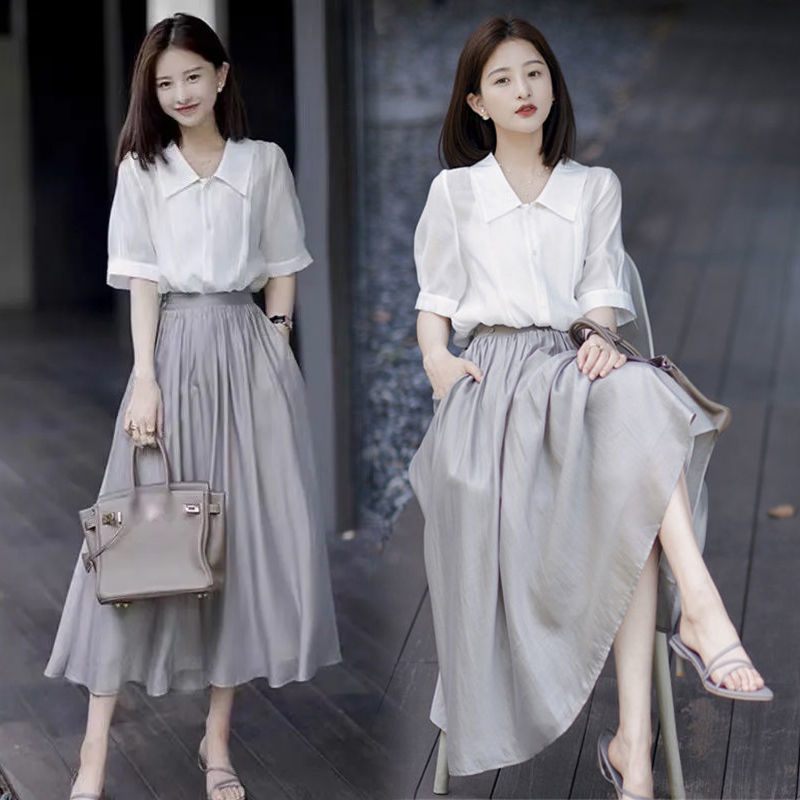Home Decor Zara - Women 'S Graceful ฤดูร้อนเสื้อสีขาวกระโปรงสีเทา1หรือ2ชิ้นชุด2022ใหม่เกาหลีเลดี้ Elegant เสื้อ
